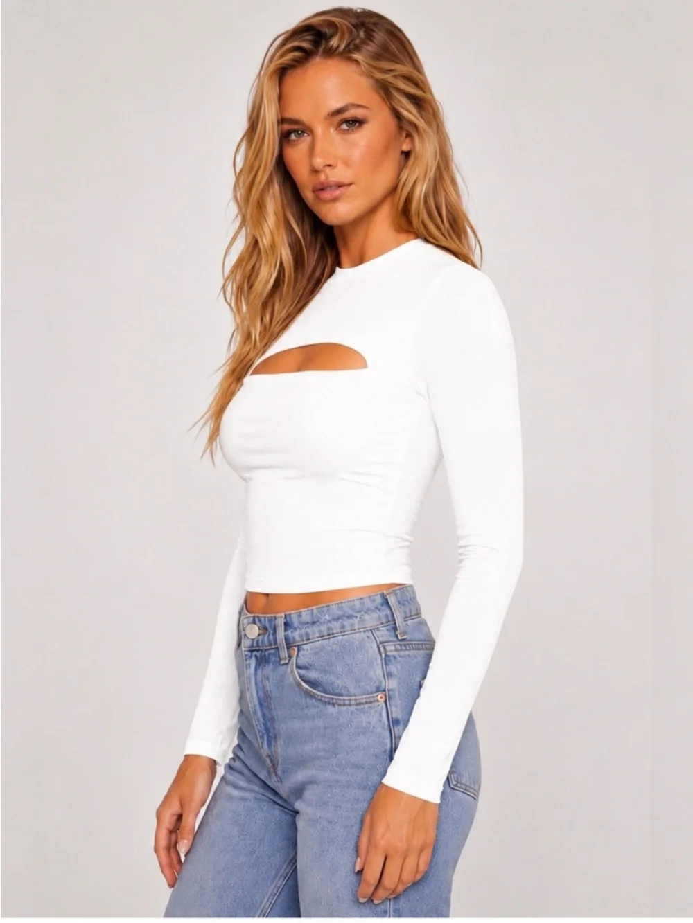 NWT Sugar White Cutout Long Sleeve Crop Top Small Fitted Stretch Going Out Chic - Picture 2 of 8